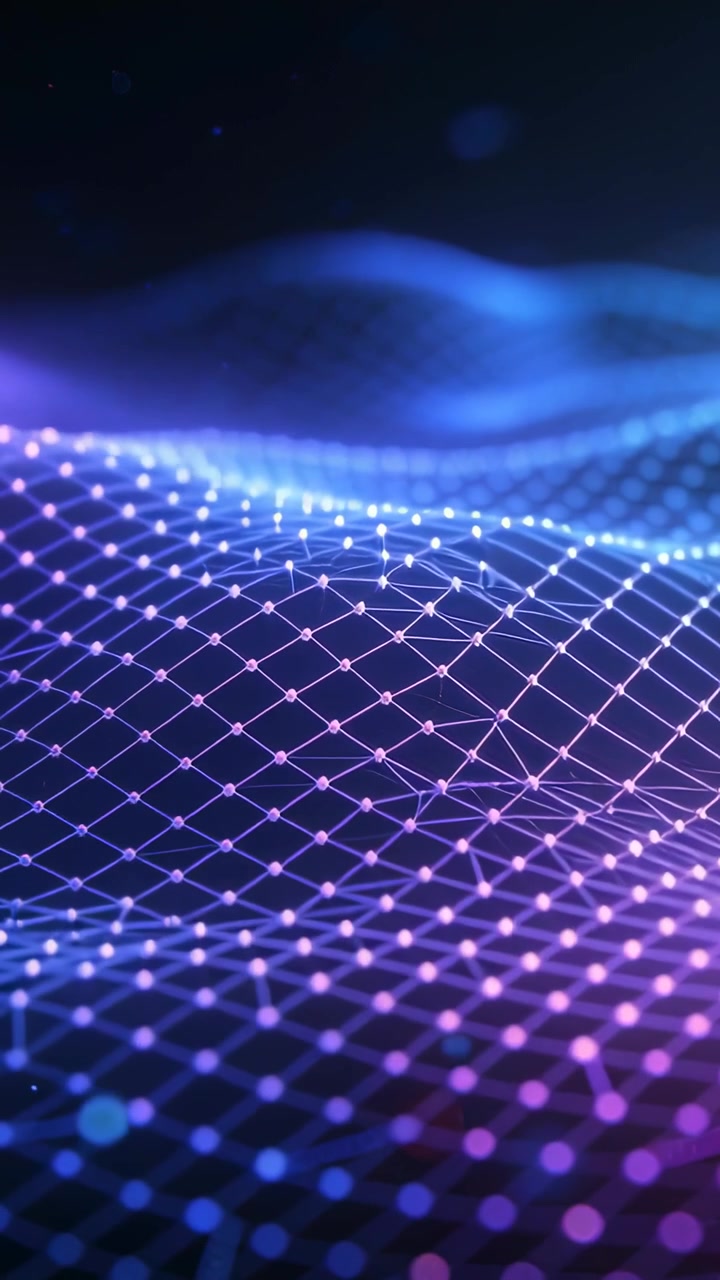 Vertical video: Looping wireframe mesh rising crest across void, pulsing blue-violet nodes for demo