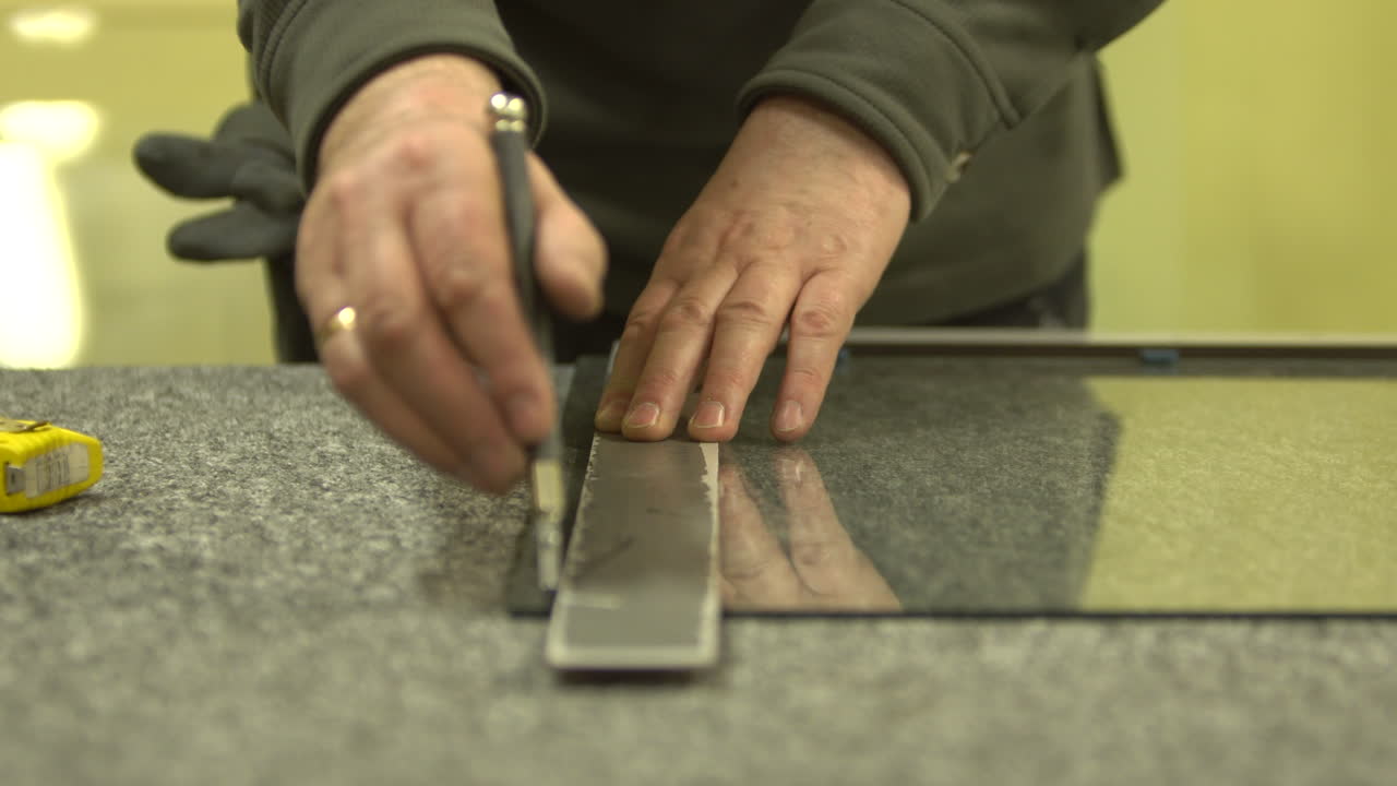 Worker measures and cuts glass panel with a ruler and knife