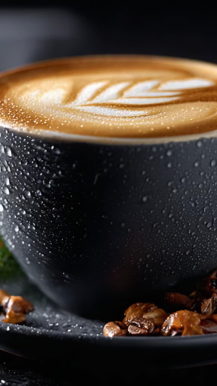 Et fængslende nærbillede af en perfekt brygget kaffekop med indviklet latte-kunst, omgivet af kaffebønner og glitrende dråber