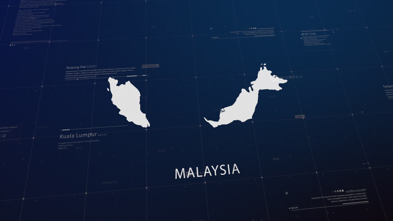 Malaysia country map comes to life with cinematic panning, unveiling key details, the capital, and slogan, providing an engaging background for corporate and commercial use