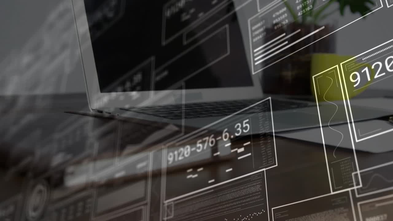 Laptop appearing on desk before interface panels fading and updating codes to visualize trends
