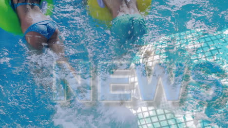 swimming in pool, people on inflatables with news animation over water