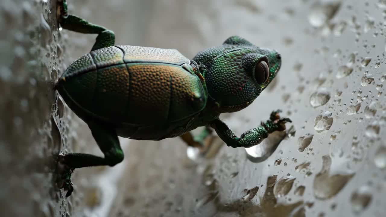 Chameleon-Beetle Hybrid on a Rainy Surface