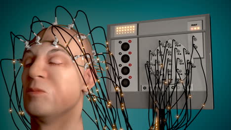 man wired to an eeg machine or electroencephalograph which produces a graphical record of electrical activity of the human brain. perfect animation for any science or medically related purposes. hd