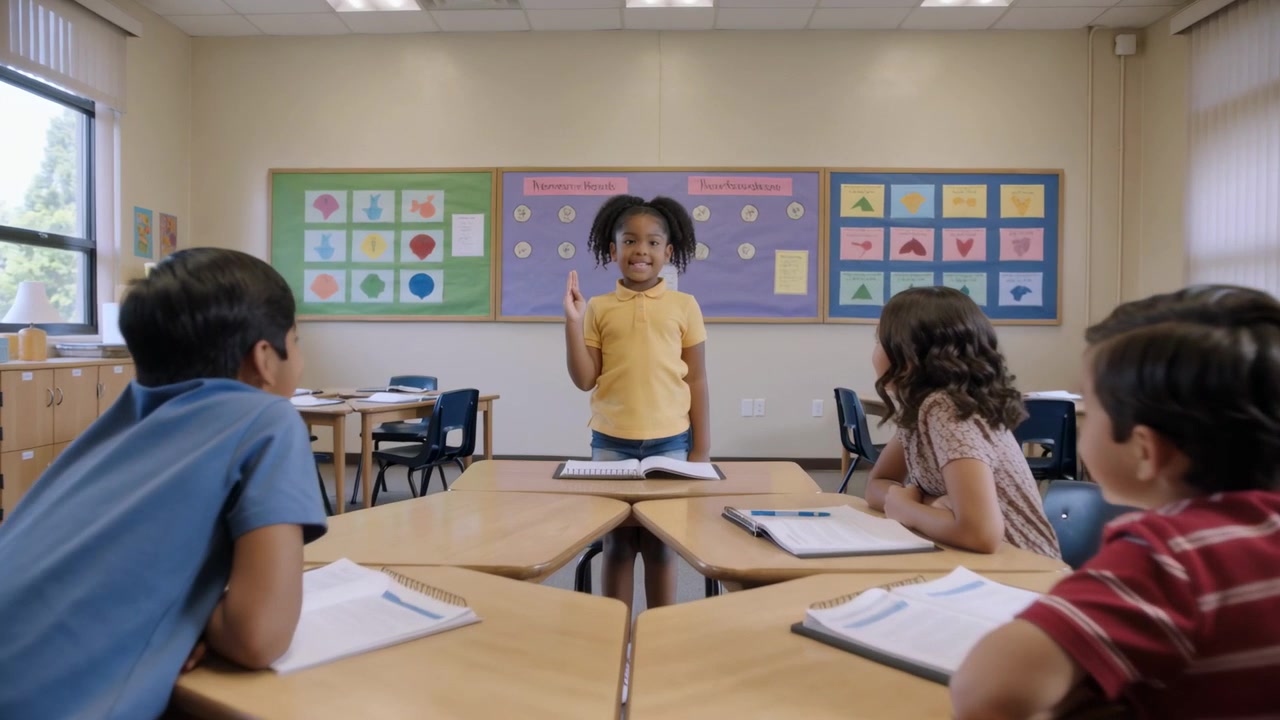 Standing girl in yellow polo skirt placing workbook on desks in class, raising finger answering