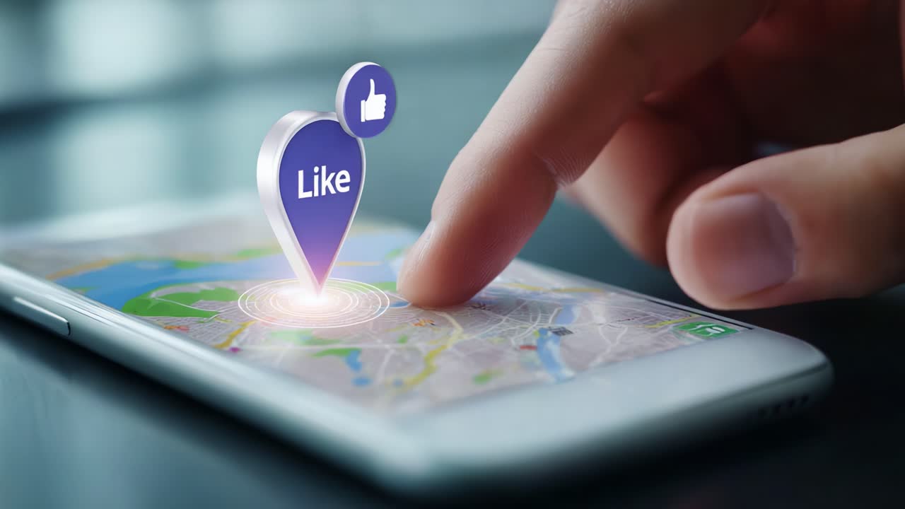 A close-up view of a smartphone displaying a digital map with a prominent 'Like' icon, symbolizing location-based interactions and user engagement in modern technology