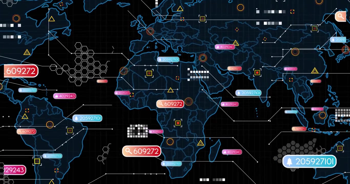 World map being animated in dark digital dashboard, showing glowing outlines, numeric tags, icons