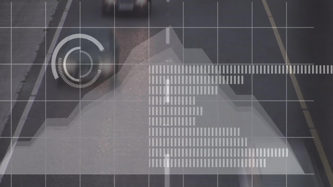 Animation of statistical data processing against aerial view of city traffic