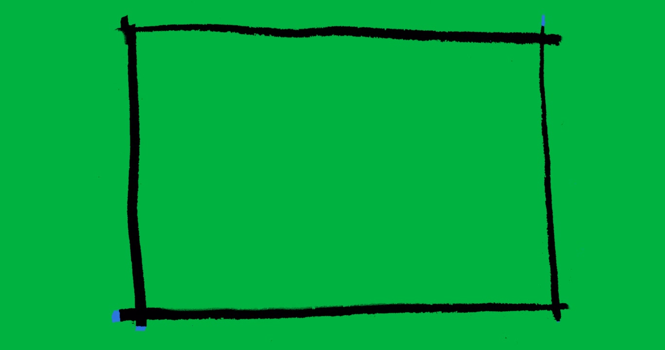 Animation starting revealing blue hand-drawn rectangular outline holding static on clear background