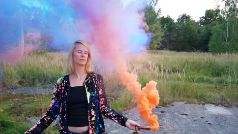 smooth slow motion cinematic shot of a little bored looking girl on colorful fog shooting at russians airplane hangar gimbal foto video shoot on lost places in wild nature 1080, 24p by philipp marnitz