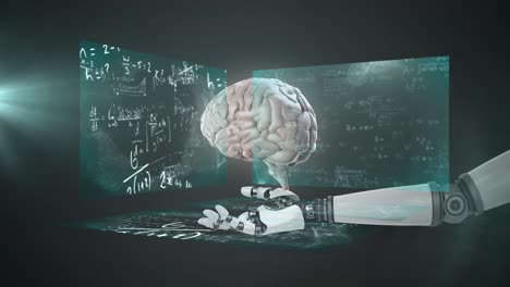 animación de una mano robótica sosteniendo el cerebro sobre ecuaciones matemáticas