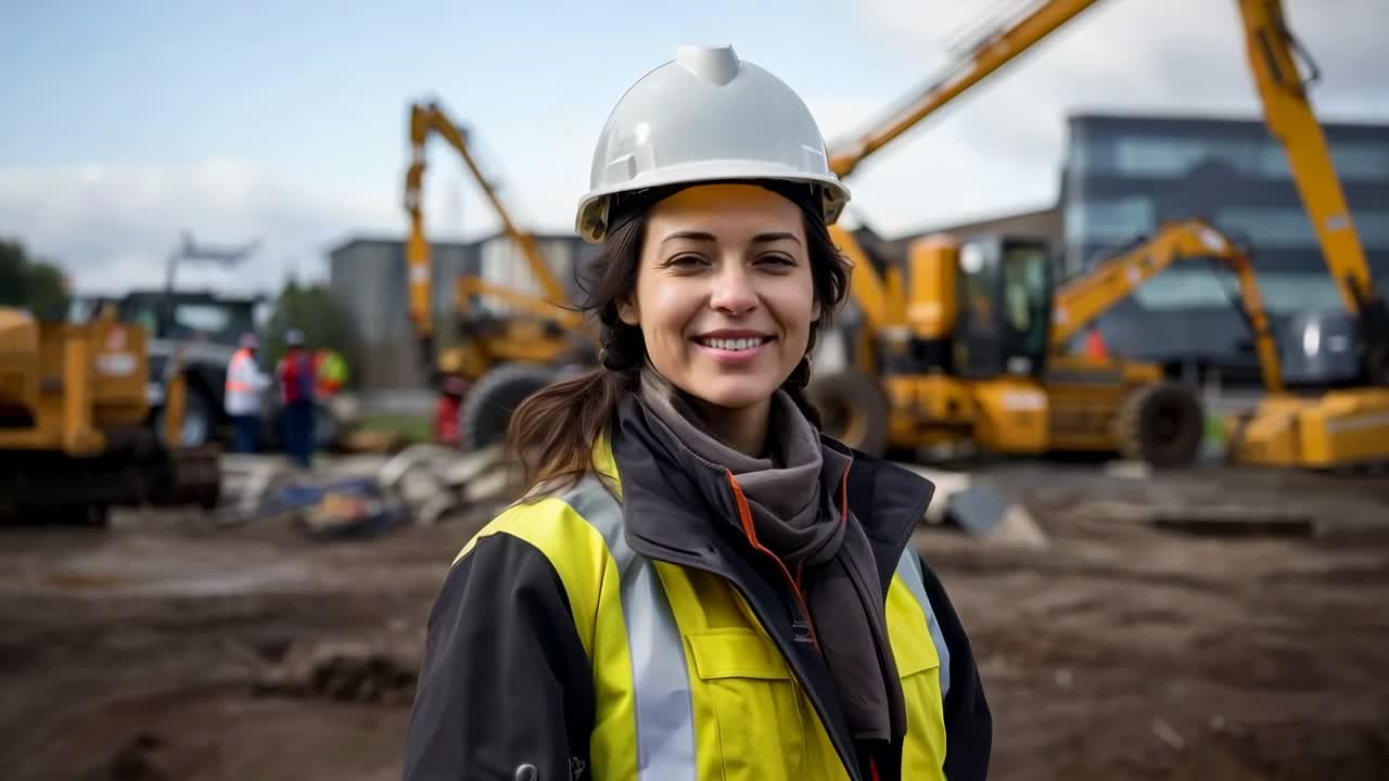 A video still shows a woman in a hard hat and safety vest on a construction site