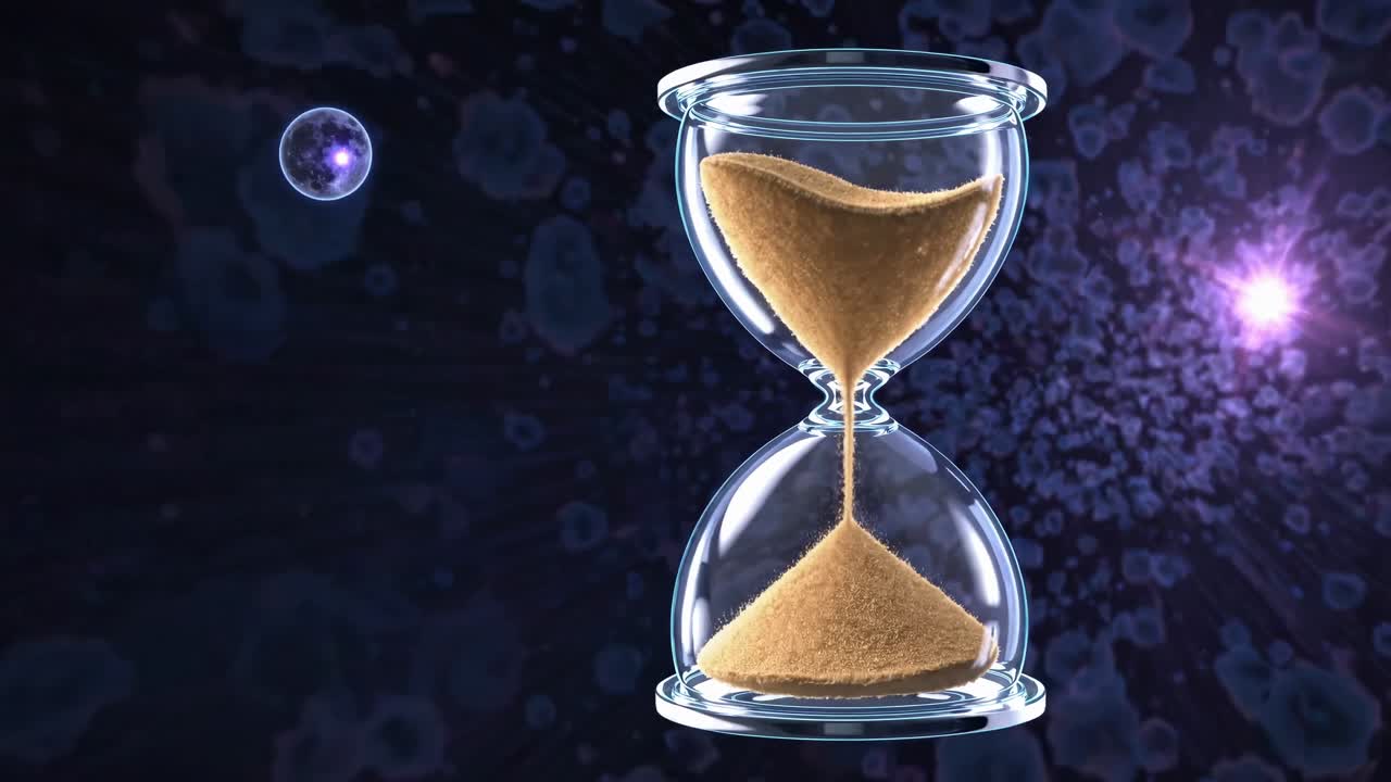 Hourglass with flowing sand and cosmic backdrop