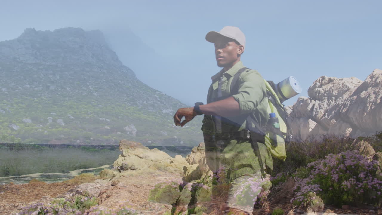 산에서 아프리카계 미국인 남성의 풍경 애니메이션