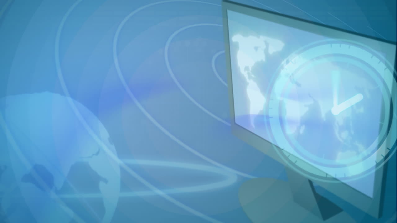 Animation of clock over digital clouds with electronic devices