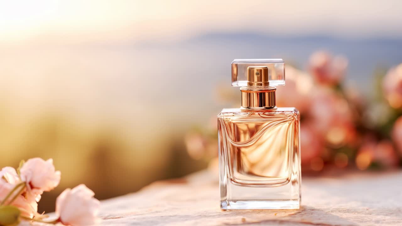 Elegante flacone di profumo su una superficie di pietra, circondato da delicati fiori rosa, con una calda