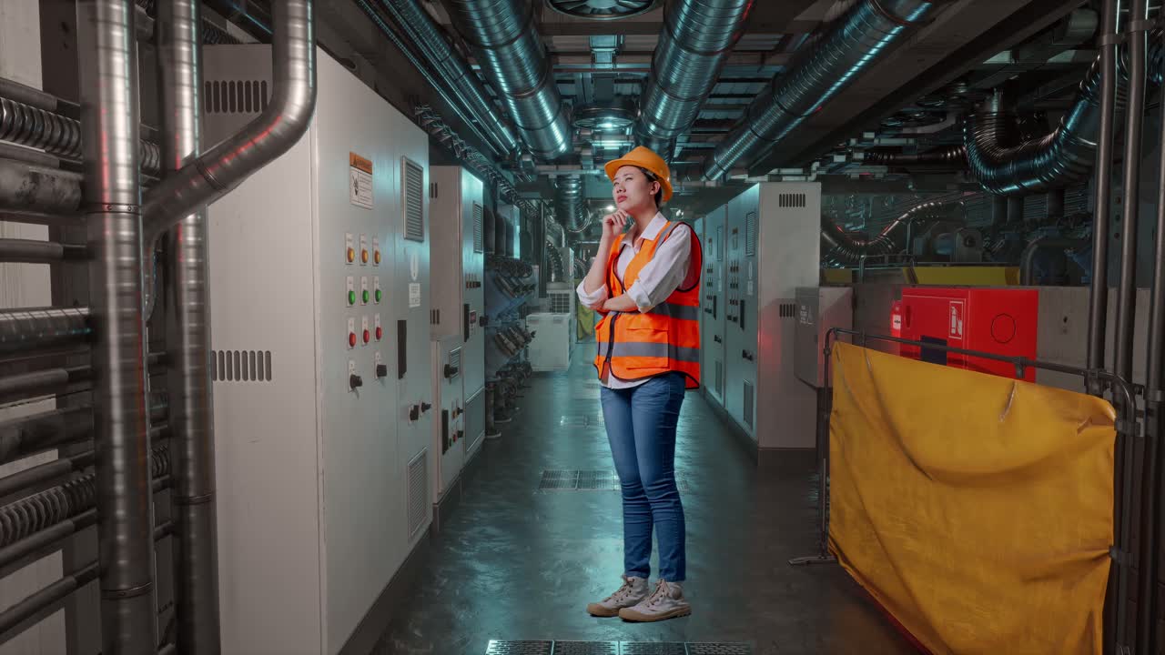 Full Body Side View Of Asian Female Engineer With Safety Helmet Thinking About Something And Looking Around While Standing In Engine Control Room, Work Of Electrical Generators