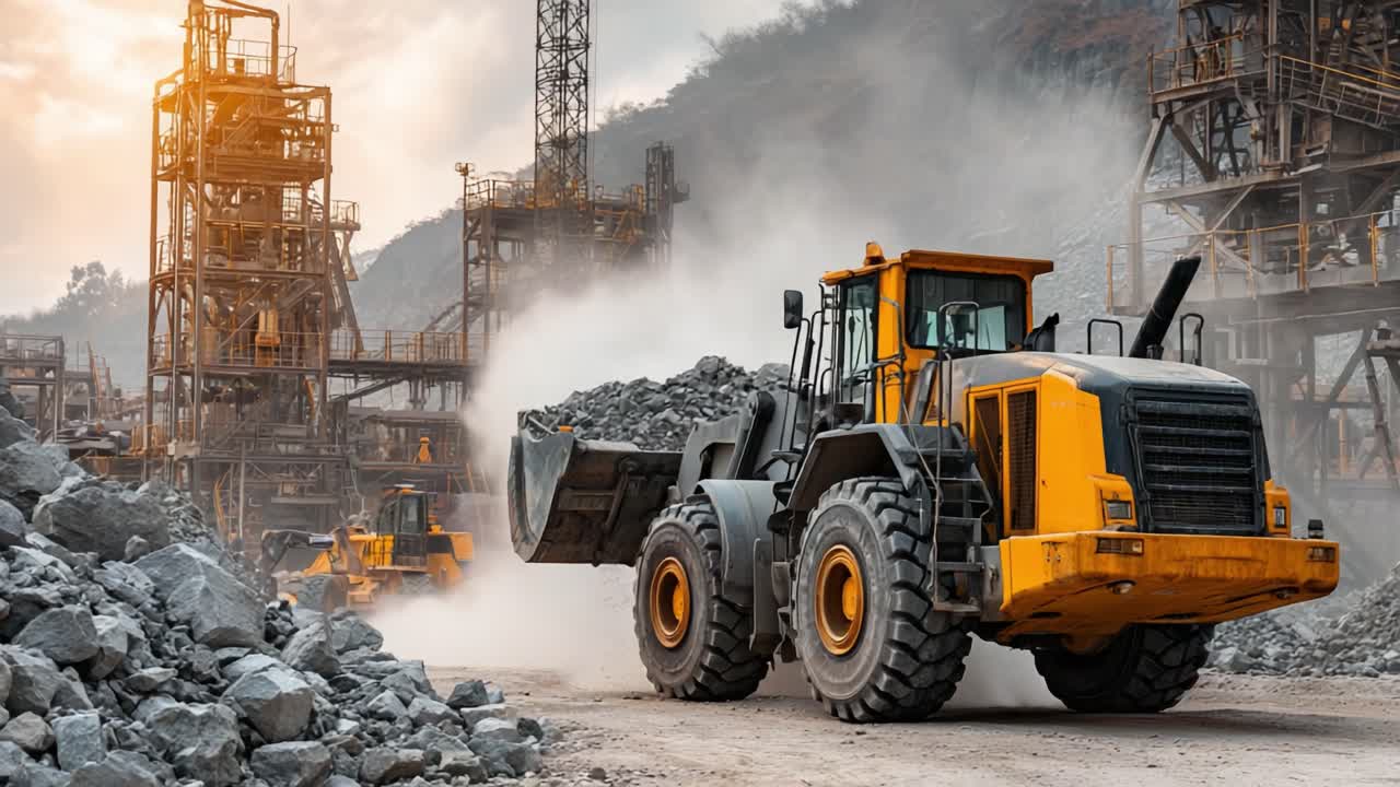 Heavy machinery in action at a construction site, showcasing the dynamic process of transporting materials amidst dust and industrial structures during dusk
