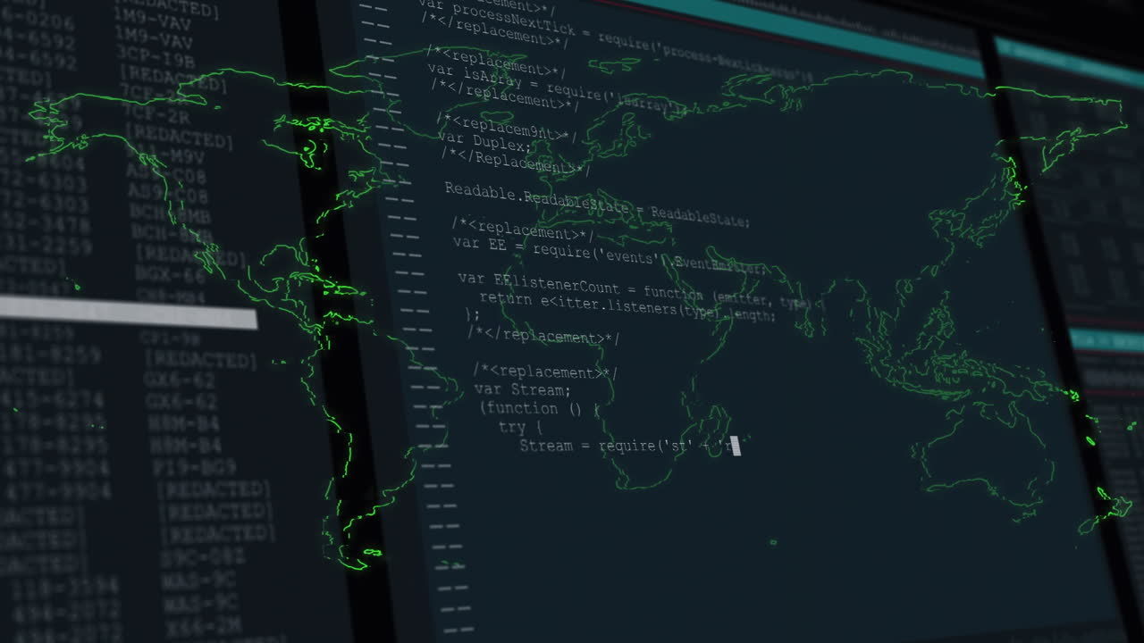 animazione dell'elaborazione dei dati e mappa del mondo su sfondo nero