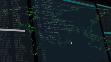 animación del procesamiento de datos y el mapa del mundo sobre fondo negro