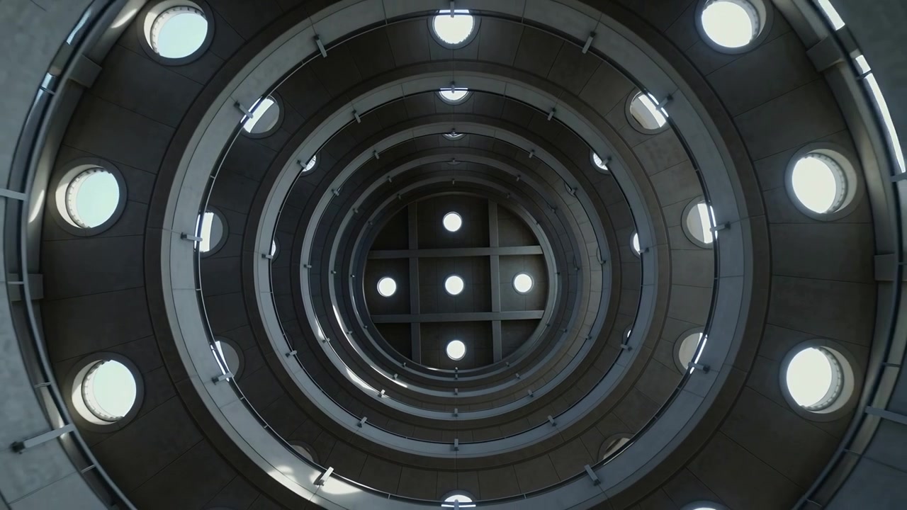 Pulling back camera revealing concentric balcony rings inside shaft, highlighting skylight