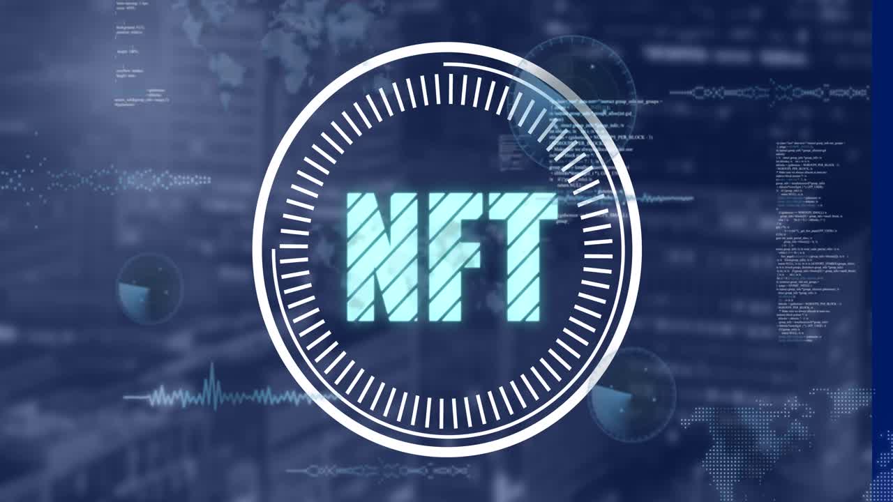 animación del procesamiento de datos y texto nft sobre fondo borroso