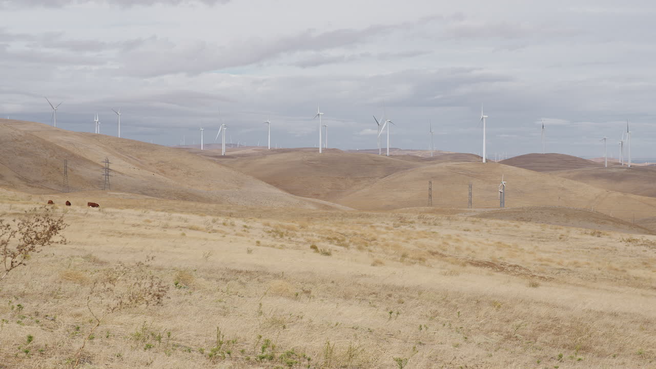 molinos de viento amplios y colinas secas con nubes