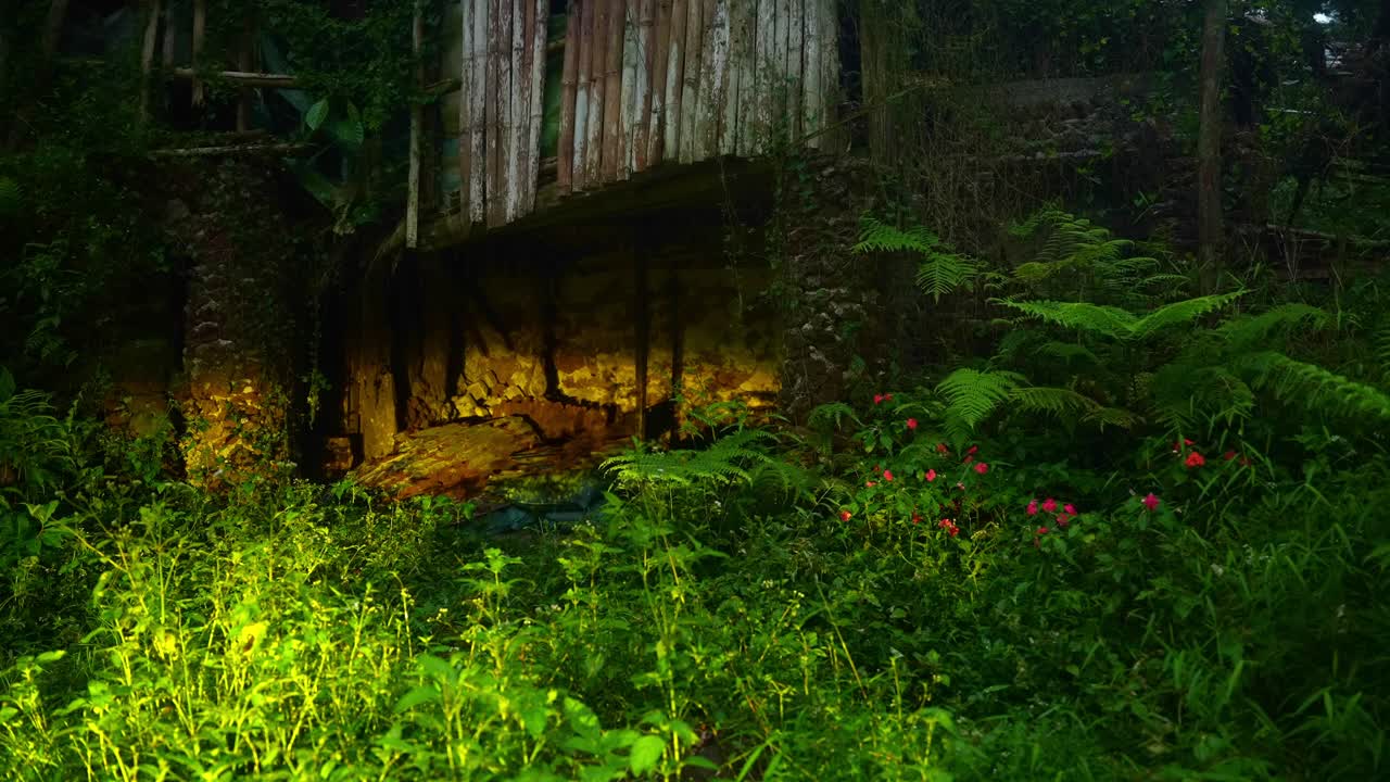 A shot of an old wooden hut on stone supports in a dark forest, broken walls illuminated by beam lights with surrounding ferns and red flowers under Mount Banahaw, Quezon Province Philippines