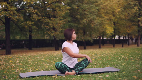 woman practicing yoga in autumn park