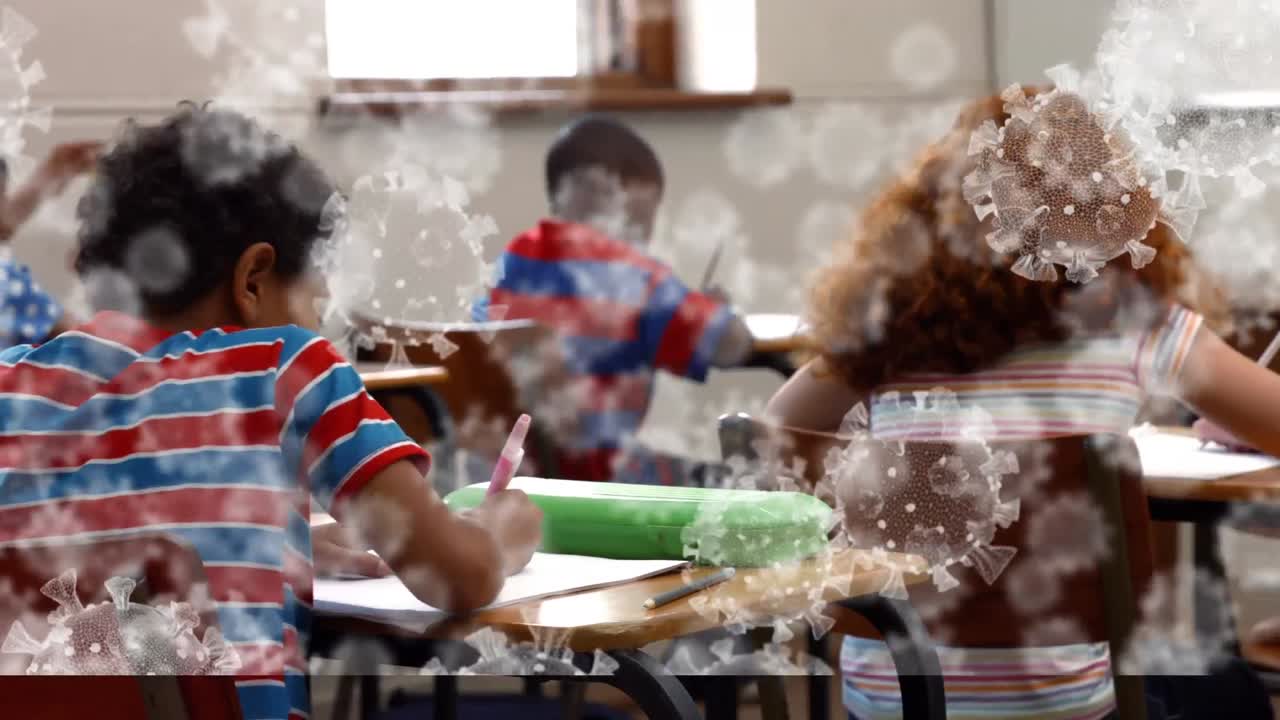 Animation of macro covid 19 cells over schoolchildren in classroom