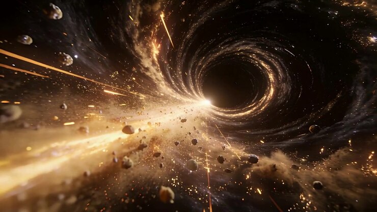 Pulling central dark vortex drawing rocks by gravity as camera nearing rim, with accretion jet