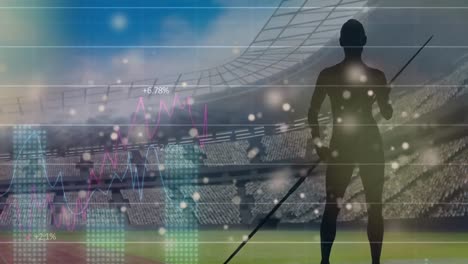 Animation-Der-Datenverarbeitung-Und-Silhouetten-Von-Sportlern-über-Dem-Sportstadion