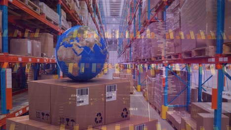 Animation-of-statistics-processing-over-globe-and-cardboard-boxes-in-warehouse