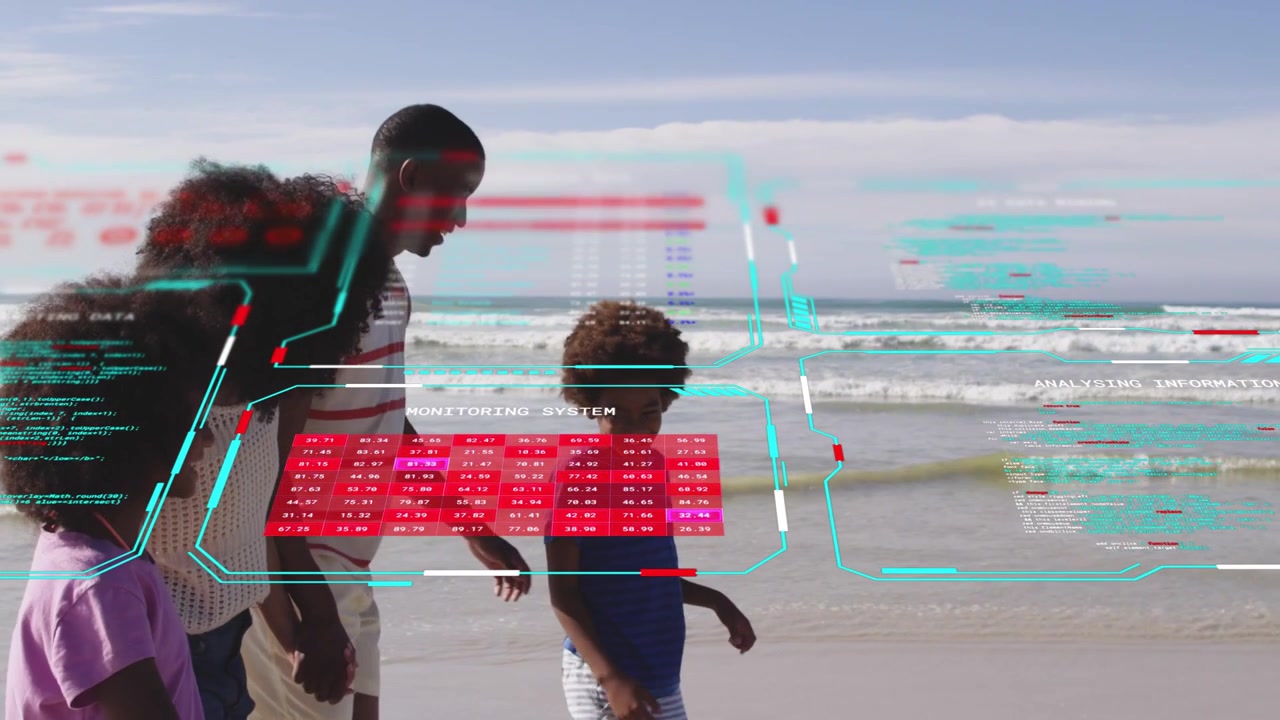 Family entering left, walking shoreline guiding child, holographic tech grid flickering over torsos