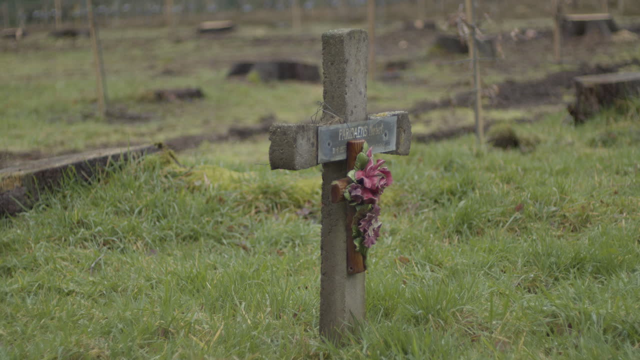 Static shot of single gravestone with a ornemental crucifix