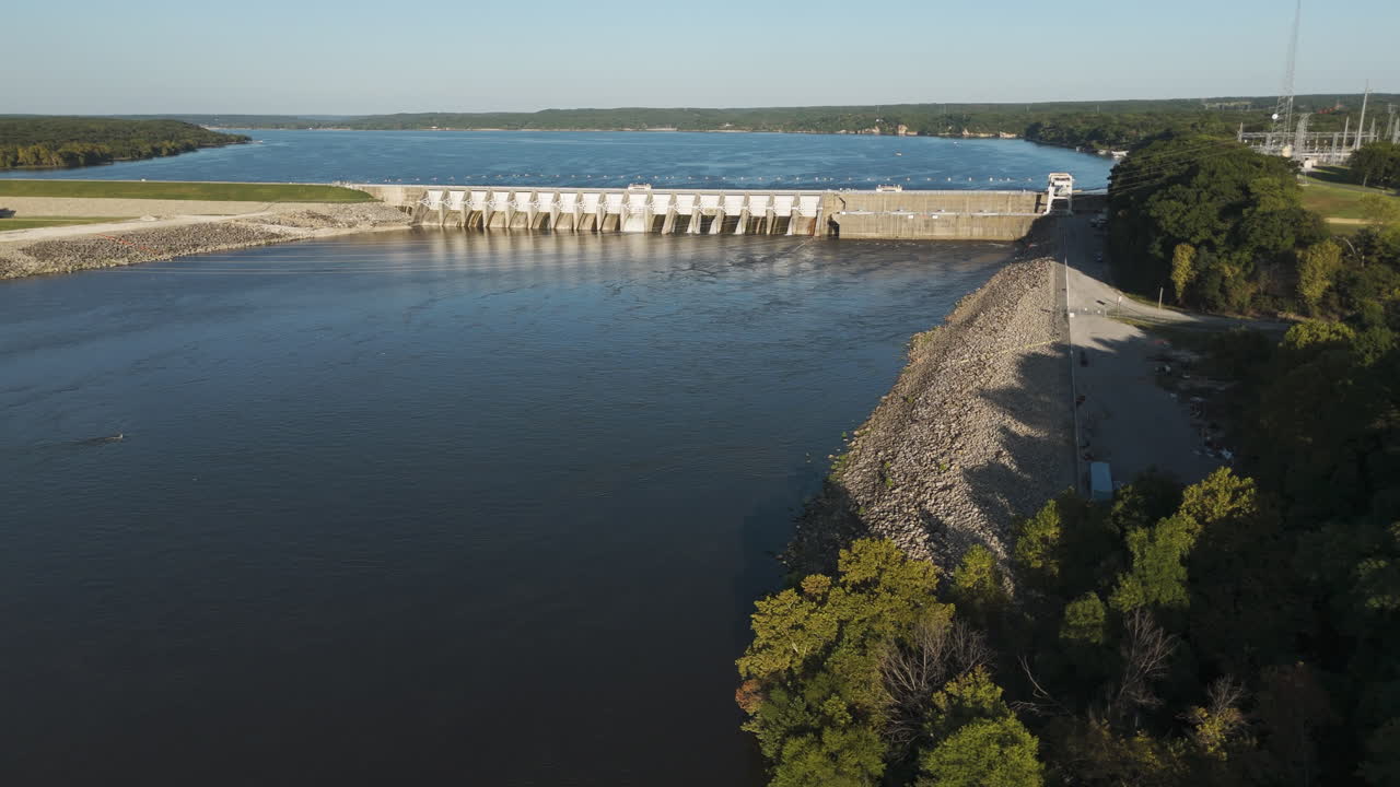 Kerr Dam And Tranquil Lake In Oklahoma, USA - Aerial Drone Shot