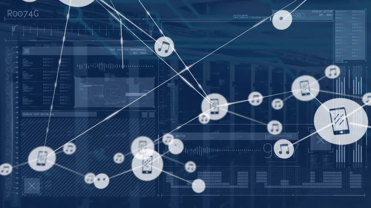 Animation of network of connections with icons and data processing over server room