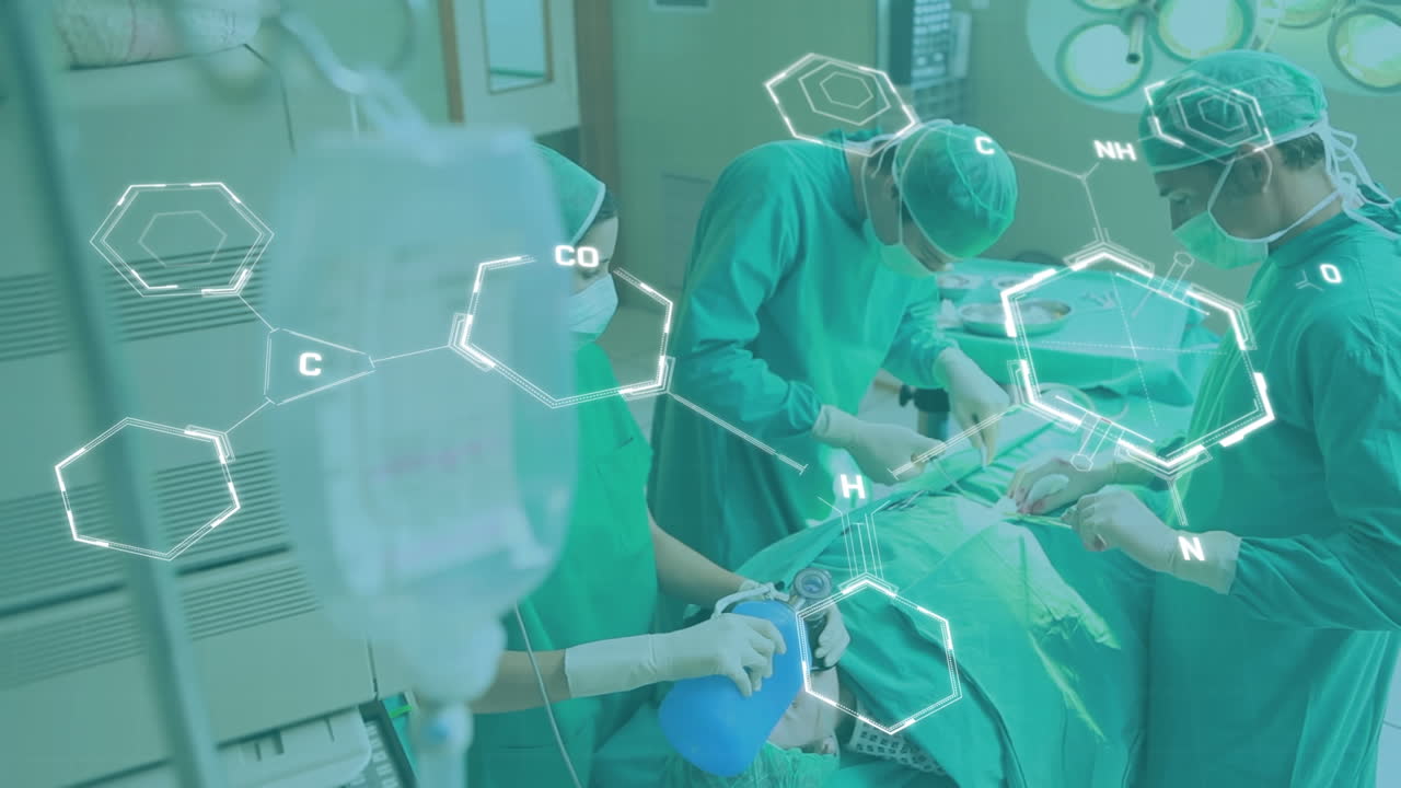 수술실에서 외과의사에 대한 화학 공식의 애니메이션