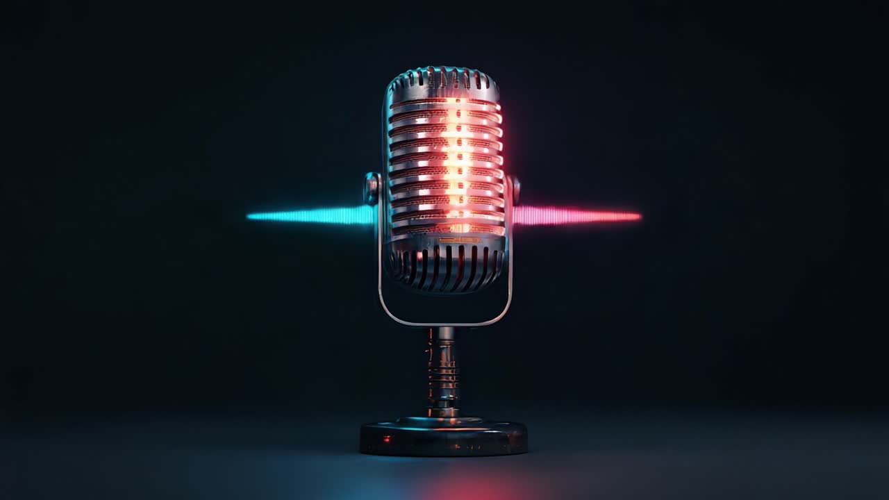 A Stunning Microphone Captured in Dual Colors with Visual Sound Waves Representing Audio Production and Creative Expression