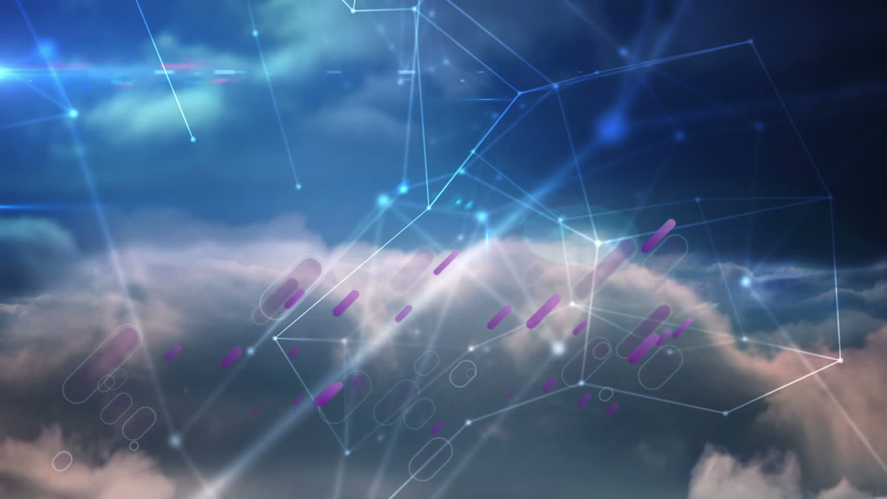 Animation of purple lines and network of connections over sky with clouds
