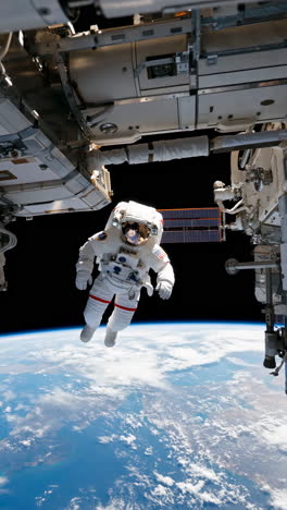 astronaut on a spacewalk with earth and the iss in the background