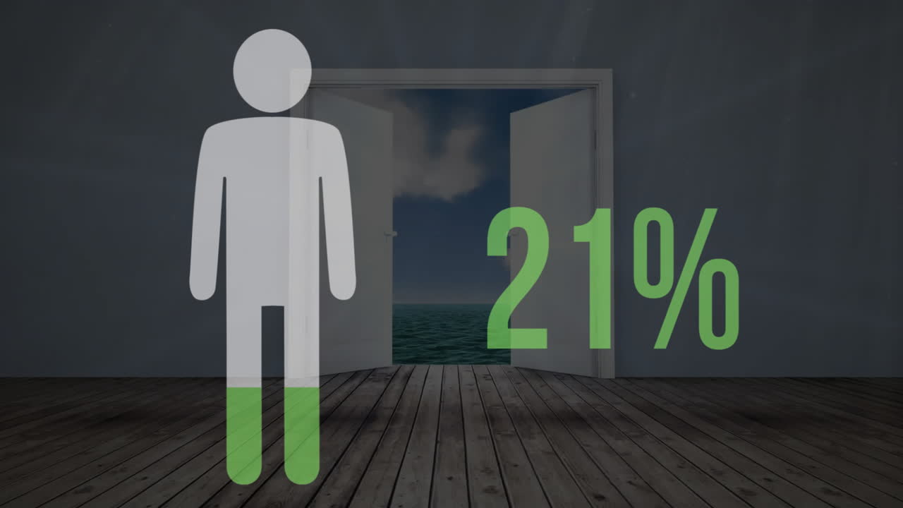 animación del icono con número creciente sobre la puerta y el mar