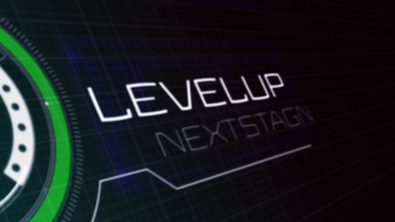 Elemento HUD in dissolvenza con anelli rotanti che rivela LEVELUP NEXTSTAGE in avanzamento su una griglia, spazio per il testo