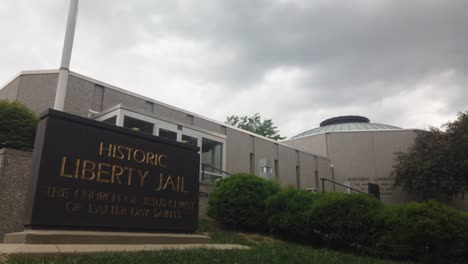 Static-shot-of-the-sign-at-Liberty-Jail-a-Mormon-Visitor-Center-in-Liberty-Missouri