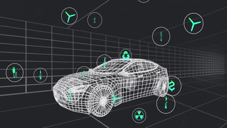 animation of icons processing status data over 3d car model moving on black background