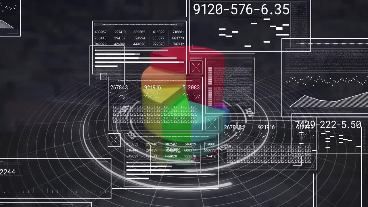 Animation of interface with data processing and 3d pie graph against textured grey background