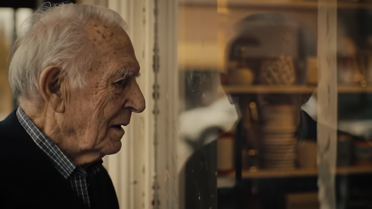 An Intimate Glimpse: A Senior Man Reflects on Memories as He Gazes at the Glass Window, Evoking Emotions of Nostalgia and Connection in a Captivating Scene