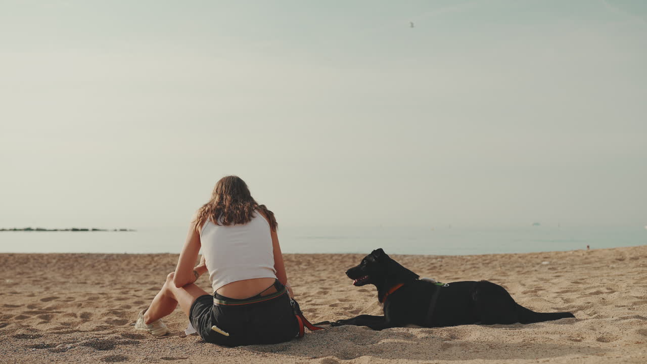 A woman and her dog relaxing on the beach