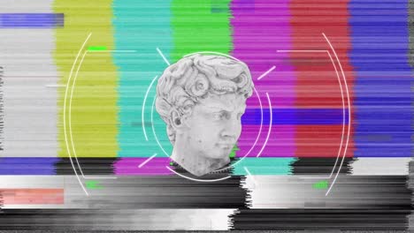 animation of antique head sculpture over scope and test screen background