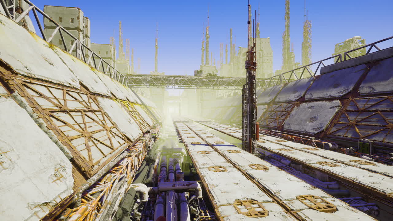 Futuristic industrial landscape bathed in yellow light at dawn
